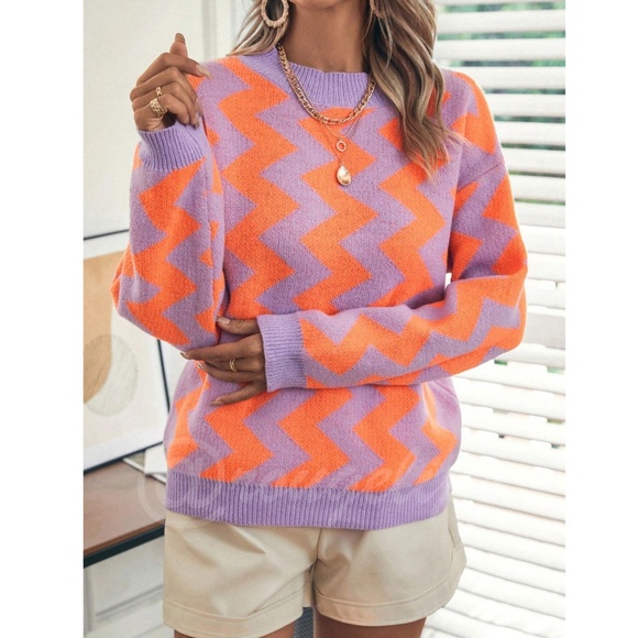 Chevron Pattern Lavender & Orange Pullover Sweater Long Sleeve - Picture 4 of 12